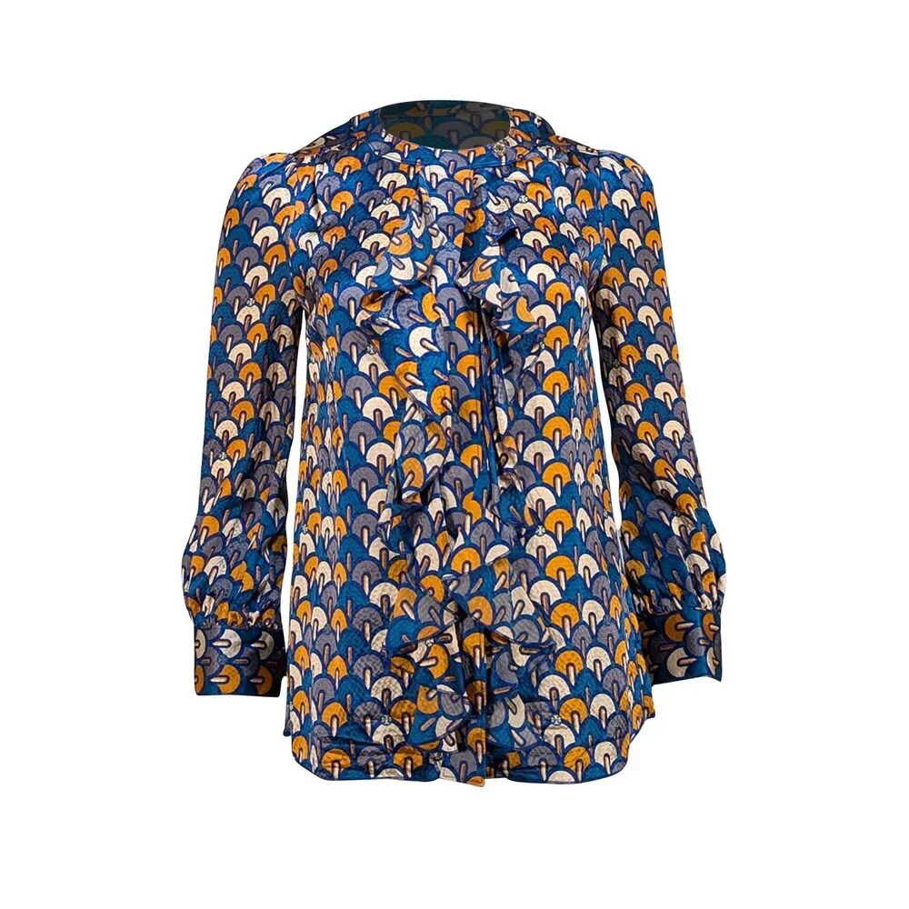 Tory Burch - Blue, Grey, & Mustard Print Ruffle Front Blouse Sz 2